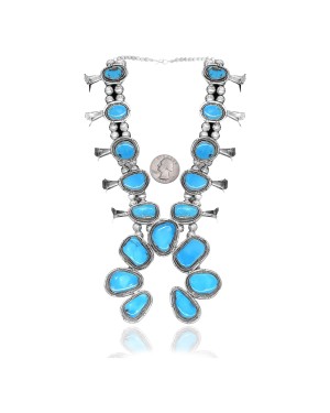 Squash Blossom .925 Sterling Silver Certified Authentic Navajo Native American Natural Turquoise Necklace 35115