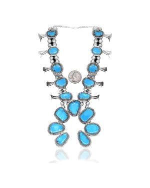 Squash Blossom .925 Sterling Silver Certified Authentic Navajo Native American Natural Turquoise Necklace 35115