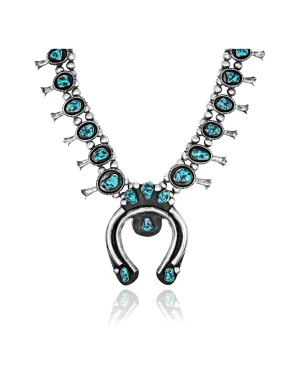Squash Blossom .925 Sterling Silver Certified Authentic Navajo Native American Natural Turquoise Necklace 35119