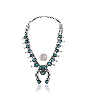 Squash Blossom .925 Sterling Silver Certified Authentic Navajo Native American Natural Turquoise Necklace 35119