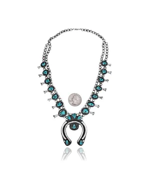 Squash Blossom .925 Sterling Silver Certified Authentic Navajo Native American Natural Turquoise Necklace 35119