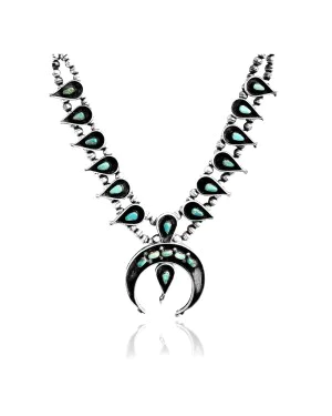 Squash Blossom .925 Sterling Silver Certified Authentic Navajo Native American Natural Turquoise Necklace 35120