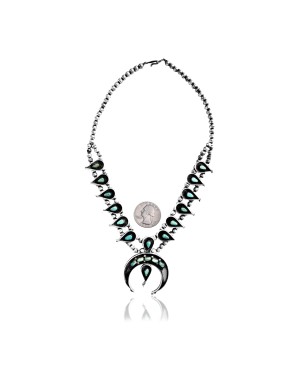 Squash Blossom .925 Sterling Silver Certified Authentic Navajo Native American Natural Turquoise Necklace 35120
