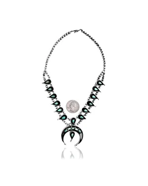 Squash Blossom .925 Sterling Silver Certified Authentic Navajo Native American Natural Turquoise Necklace 35120