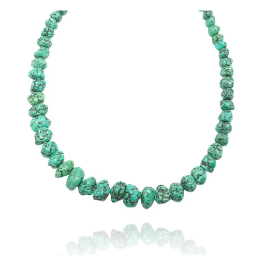 .925 Sterling Silver Certified Authentic Navajo Native American 1 strand Natural Turquoise Necklace 35126