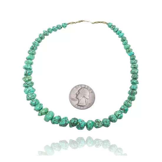 .925 Sterling Silver Certified Authentic Navajo Native American 1 strand Natural Turquoise Necklace 35126