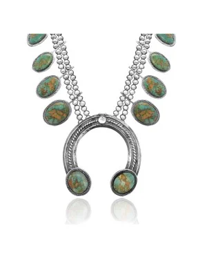 Squash Blossom .925 Sterling Silver Certified Authentic Handmade Navajo Native American Natural Turquoise Necklace 35122