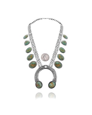 Squash Blossom .925 Sterling Silver Certified Authentic Handmade Navajo Native American Natural Turquoise Necklace 35122