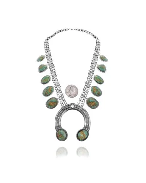 Squash Blossom .925 Sterling Silver Certified Authentic Handmade Navajo Native American Natural Turquoise Necklace 35122