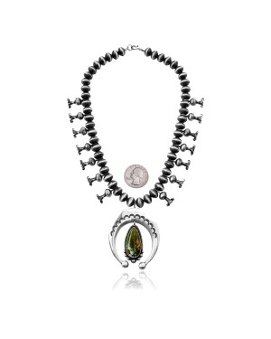 Squash Blossom .925 Sterling Silver Certified Authentic Handmade Navajo Native American Natural Turquoise Necklace 35128