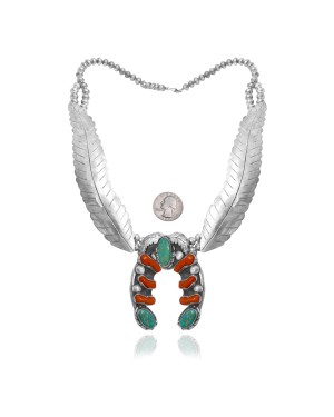 Squash Blossom .925 Sterling Silver Certified Authentic Handmade Navajo Native American Natural Turquoise Coral Necklace 35130