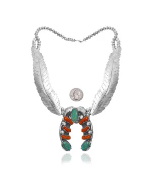 Squash Blossom .925 Sterling Silver Certified Authentic Handmade Navajo Native American Natural Turquoise Coral Necklace 35130