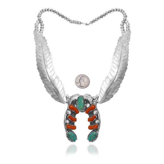Squash Blossom .925 Sterling Silver Certified Authentic Handmade Navajo Native American Natural Turquoise Coral Necklace 35130