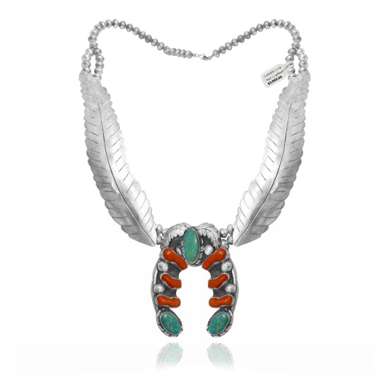 Squash Blossom .925 Sterling Silver Certified Authentic Handmade Navajo Native American Natural Turquoise Coral Necklace 35130