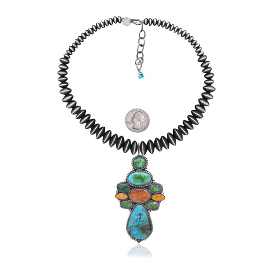 .925 Sterling Silver Certified Authentic Handmade Navajo Native American Natural Turquoise Spiny Oyster Necklace and Pendant 35134