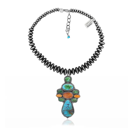 .925 Sterling Silver Certified Authentic Handmade Navajo Native American Natural Turquoise Spiny Oyster Necklace and Pendant 35134