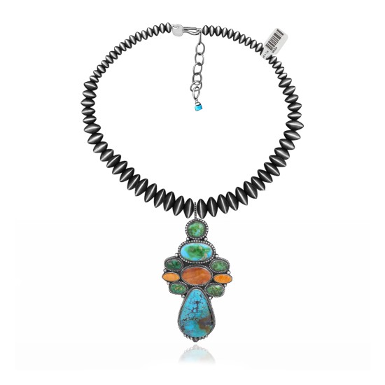 .925 Sterling Silver Certified Authentic Handmade Navajo Native American Natural Turquoise Spiny Oyster Necklace and Pendant 35134