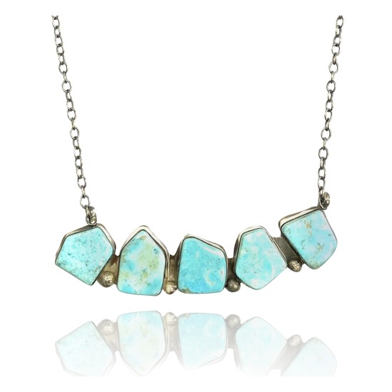 .925 Sterling Silver Certified Authentic Navajo Native American Natural Turquoise Necklace 35158