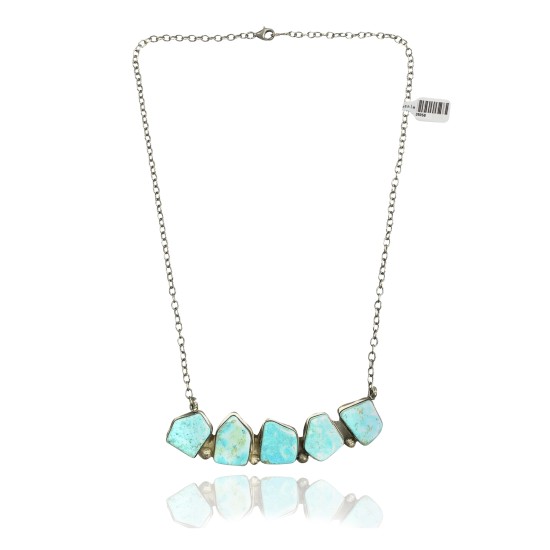 .925 Sterling Silver Certified Authentic Navajo Native American Natural Turquoise Necklace 35158