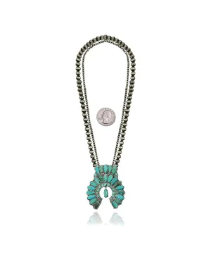 .925 Sterling Silver Certified Authentic Navajo Native American Natural Turquoise Necklace 35160