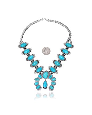 .925 Sterling Silver Certified Authentic Navajo Native American Natural Turquoise Necklace 35161
