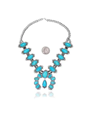 .925 Sterling Silver Certified Authentic Navajo Native American Natural Turquoise Necklace 35161
