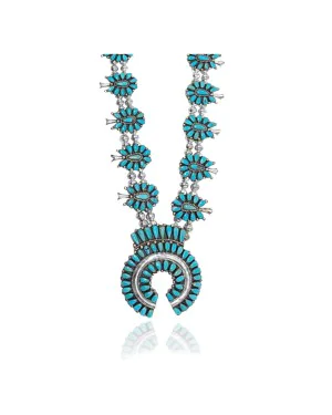 Squash Blossom  .925 Sterling Silver Certified Authentic Handmade Navajo Native American Natural Turquoise Necklace 35163