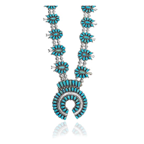 Squash Blossom  .925 Sterling Silver Certified Authentic Handmade Navajo Native American Natural Turquoise Necklace 35163