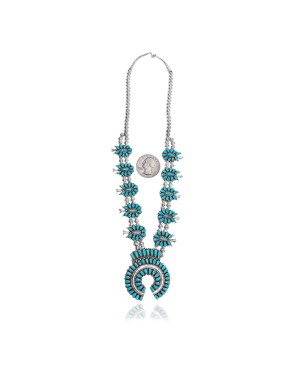 Squash Blossom  .925 Sterling Silver Certified Authentic Handmade Navajo Native American Natural Turquoise Necklace 35163