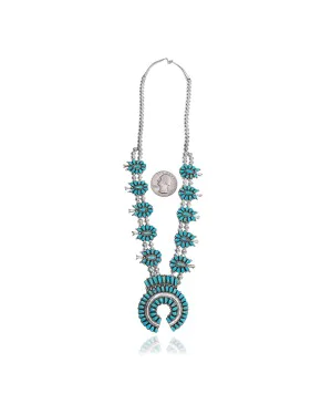 Squash Blossom  .925 Sterling Silver Certified Authentic Handmade Navajo Native American Natural Turquoise Necklace 35163