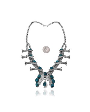 Feather .925 Sterling Silver Certified Authentic Handmade Navajo Native American Turquoise Necklace 35164