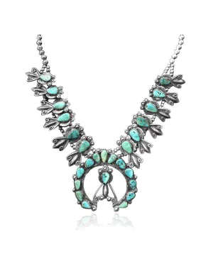 Squash Blossom .925 Sterling Silver Certified Authentic Handmade Navajo Native American Natural Turquoise Necklace 35104