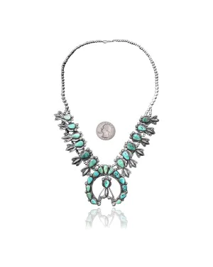 Squash Blossom .925 Sterling Silver Certified Authentic Handmade Navajo Native American Natural Turquoise Necklace 35104