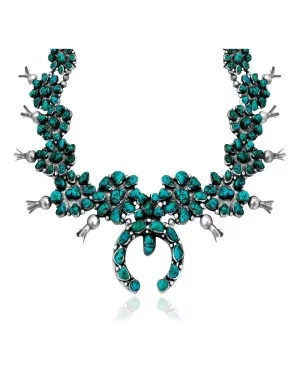 Flower Squash Blossom .925 Sterling Silver Certified Authentic Handmade Navajo Native American Natural Turquoise Necklace 35107