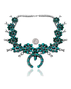 Flower Squash Blossom .925 Sterling Silver Certified Authentic Handmade Navajo Native American Natural Turquoise Necklace 35107