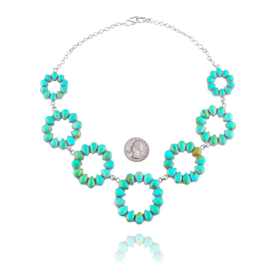 Elegant Flower .925 Sterling Silver Certified Authentic Handmade Navajo Native American Natural Turquoise Necklace 35123
