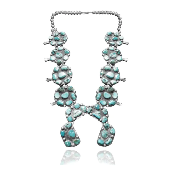 .925 Sterling Silver Certified Authentic Navajo Native American Natural Turquoise Necklace 35141
