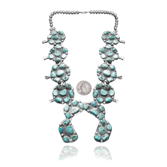 .925 Sterling Silver Certified Authentic Navajo Native American Natural Turquoise Necklace 35141