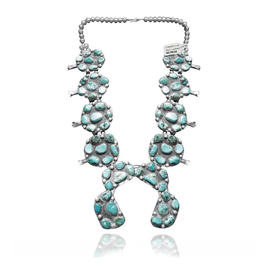 .925 Sterling Silver Certified Authentic Navajo Native American Natural Turquoise Necklace 35141