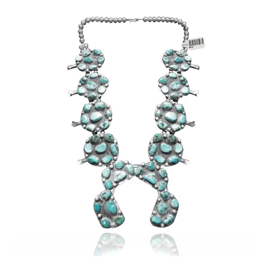 .925 Sterling Silver Certified Authentic Navajo Native American Natural Turquoise Necklace 35141