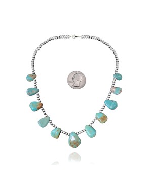.925 Sterling Silver Certified Authentic Navajo Native American Natural Turquoise Necklace 35154