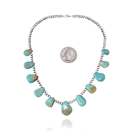 .925 Sterling Silver Certified Authentic Navajo Native American Natural Turquoise Necklace 35154