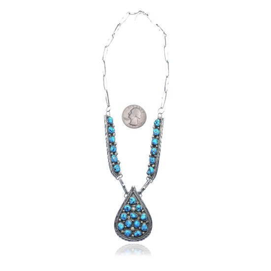 Large .925 Sterling Silver Certified Authentic Navajo Native American Natural Turquoise Necklace 35157