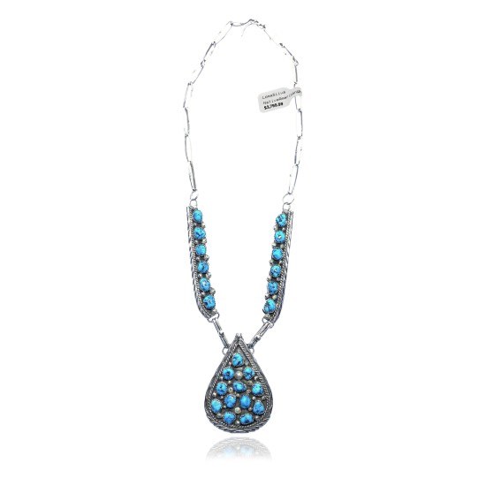 Large .925 Sterling Silver Certified Authentic Navajo Native American Natural Turquoise Necklace 35157