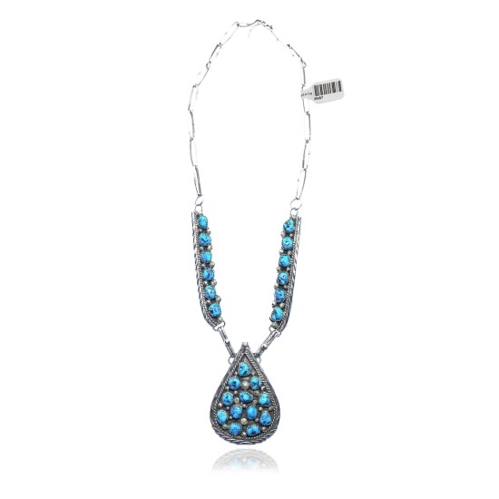Large .925 Sterling Silver Certified Authentic Navajo Native American Natural Turquoise Necklace 35157