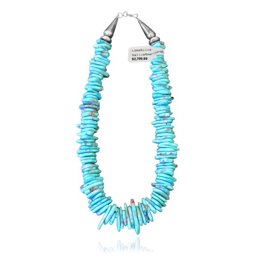 .925 Sterling Silver Certified Authentic Navajo Native American 1 strand Natural Turquoise Necklace Chain 35166