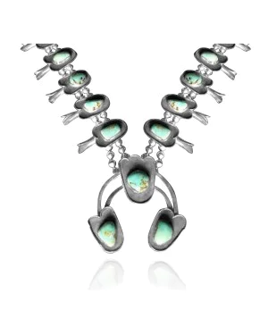 Squash Blossom .925 Sterling Silver Certified Authentic Navajo Native American Natural Turquoise Necklace 35169