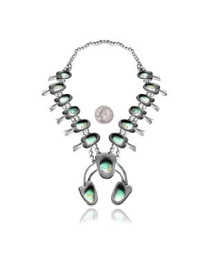 Squash Blossom .925 Sterling Silver Certified Authentic Navajo Native American Natural Turquoise Necklace 35169