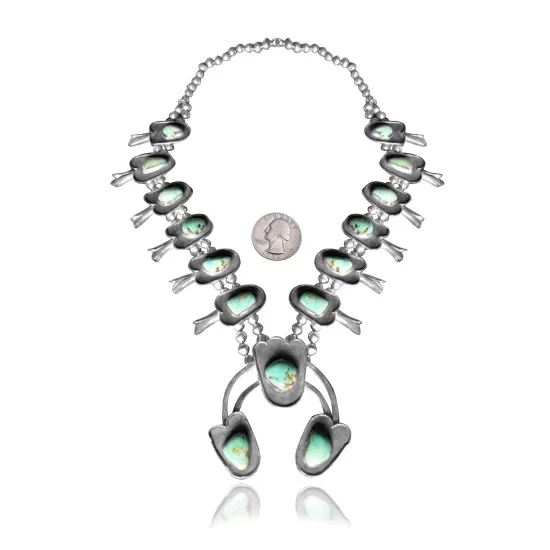 Squash Blossom .925 Sterling Silver Certified Authentic Navajo Native American Natural Turquoise Necklace 35169