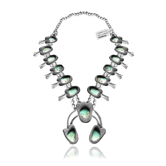 Squash Blossom .925 Sterling Silver Certified Authentic Navajo Native American Natural Turquoise Necklace 35169